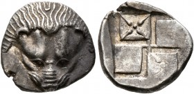 CIMMERIAN BOSPOROS. Pantikapaion. Circa 450-438/7 BC. Diobol (Silver, 12 mm, 1.82 g). Facing head of a lion. Rev. Quadripartite incuse square with win...