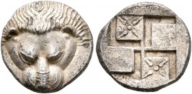 CIMMERIAN BOSPOROS. Pantikapaion. Circa 450-438/7 BC. Diobol (Silver, 12 mm, 1.80 g). Facing head of a lion. Rev. Quadripartite incuse square with win...