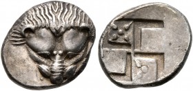 CIMMERIAN BOSPOROS. Pantikapaion. Circa 450-438/7 BC. Diobol (Silver, 13 mm, 1.82 g). Facing head of a lion. Rev. Quadripartite incuse square with win...