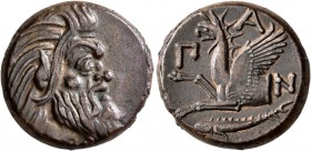 CIMMERIAN BOSPOROS. Pantikapaion. Circa 310-304/3 BC. AE (Bronze, 20 mm, 7.50 g, 12 h). Bearded head of Satyr to right. Rev. Π-A-N Forepart of griffin...