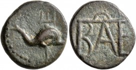 KINGS OF BOSPOROS. Polemo I, circa 14/3-10/9 BC. AE (Bronze, 16 mm, 3.34 g, 12 h). Dolphin right over trident. Rev. Monogram of Polemo. MacDonald 232....