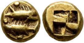 MYSIA. Kyzikos. Circa 600-550 BC. Hemihekte – 1/12 Stater (Electrum, 7 mm, 1.32 g). Tunny to right above tunny to left; around, three (or four?) pelle...