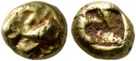 MYSIA. Kyzikos. Circa 600-550 BC. Myshemihekte – 1/24 Stater (Electrum, 5 mm, 0.57 g). Tunny left; above, tunny head right; below, tunny tail left. Re...