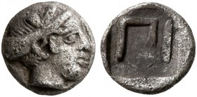 MYSIA. Pitane. 4th-3rd century BC. Hemiobol (Silver, 6 mm, 0.28 g, 7 h). Female head to right. Rev. ΠI within incuse square. BMC -, cf. 1 (in bronze)....