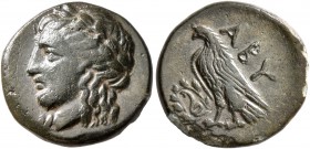 TROAS. Abydos. 4th-3rd century BC. AE (Bronze, 16 mm, 3.05 g, 1 h). Laureate head of Apollo to left. Rev. ABY Eagle standing left, wings closed; befor...