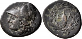 AEOLIS. Elaia. 2nd-1st century BC. Dichalkon (Bronze, 17 mm, 3.30 g, 11 h). Head of Athena to left, wearing crested Corinthian helmet. Rev. E-Λ Grain ...