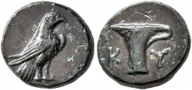 AEOLIS. Kyme. Circa 320-250 BC. Chalkous (Bronze, 11 mm, 1.43 g, 12 h). Eagle standing right with closed wings. Rev. K-Y One-handled cup. SNG von Aulo...