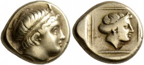 LESBOS. Mytilene. Circa 377-326 BC. Hekte (Electrum, 11 mm, 2.54 g, 7 h). Young male head to right, wearing taenia with frontal horn. Rev. Female head...
