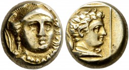 LESBOS. Mytilene. Circa 377-326 BC. Hekte (Electrum, 10 mm, 2.56 g, 6 h). Helmeted head of Athena facing slightly to right. Rev. Head of Hermes to rig...