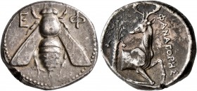 IONIA. Ephesos. Circa 390-325 BC. Tetradrachm (Silver, 24 mm, 15.21 g, 12 h), Phanagores, magistrate. E-Φ Bee. Rev. ΦANAΓOPHΣ Forepart of a stag to ri...