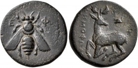 IONIA. Ephesos. Circa 390-320/00 BC. Chalkous (Bronze, 15 mm, 1.98 g, 11 h), Demophon, magistrate. E-Φ Bee. Rev. ΔHMOΦΩNON Stag kneeling left, head to...