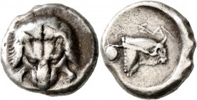 ISLANDS OFF IONIA, Samos. Circa 463-456 BC. Tetradrachm (Silver, 22 mm, 13.07 g). Facing scalp of a lion. Rev. ΣA Head of an ox to right; behind, shie...