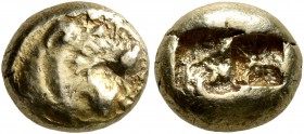 KINGS OF LYDIA. Alyattes II, circa 610-560 BC. Hekte (Electrum, 10 mm, 2.39 g), Sardes. 'walwe' (in Lydian) Head of a lion with sun and rays on its fo...