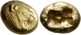 KINGS OF LYDIA. Alyattes II to Kroisos, circa 610-546 BC. Trite (Electrum, 13 mm, 4.74 g), Sardes. Head of a lion with sun and rays on its forehead to...