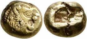 KINGS OF LYDIA. Alyattes II to Kroisos, circa 610-546 BC. Trite (Electrum, 11 mm, 4.71 g), Sardes. Head of a lion with sun and rays on its forehead to...