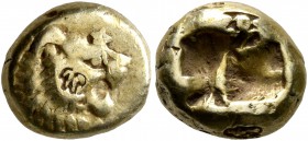 KINGS OF LYDIA. Alyattes II to Kroisos, circa 610-546 BC. Hekte (Electrum, 10 mm, 2.35 g), Sardes. Head of a lion with sun and rays on its forehead to...
