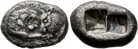 KINGS OF LYDIA. Kroisos, circa 560-546 BC. Siglos (Silver, 17 mm, 5.07 g), Sardes. Confronted foreparts of a lion and a bull. Rev. Two incuse squares,...
