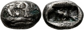 KINGS OF LYDIA. Kroisos, circa 560-546 BC. 1/6 Stater (Subaeratus, 11 mm, 1.47 g), a contemporary imitation from an irregular mint. Confronted forepar...