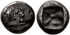 KINGS OF LYDIA. Kroisos. 1/12 Stater (Silver, 7 mm, 0.80 g), Sardes. Confronted foreparts of lion right and bull left. Rev. Two incuse squares, one la...
