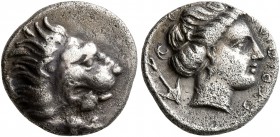 CARIA. Knidos. Circa 380-360 BC. Hemidrachm (Silver, 12 mm, 1.69 g, 1 h), Euripides, magistrate. Head and leg of a lion to right. Rev. EΥPIΠIΔA Head o...
