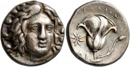 ISLANDS OFF CARIA, Rhodos. Rhodes. Circa 250 BC. Didrachm (Silver, 18 mm, 6.73 g, 1 h). Radiate head of Helios facing slightly to right. Rev. POΔION /...