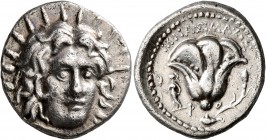 ISLANDS OFF CARIA, Rhodos. Rhodes. Circa 250-229 BC. Didrachm (Silver, 19 mm, 6.53 g, 1 h), Mnasimachos, magistrate. Radiate head of Helios facing sli...