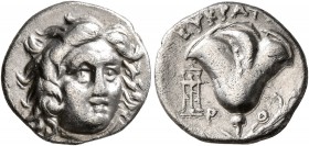 ISLANDS OFF CARIA, Rhodos. Rhodes. Circa 205-190 BC. Drachm (Silver, 14 mm, 2.73 g, 12 h), Eukrates, magistrate. Radiate head of Helios facing slightl...