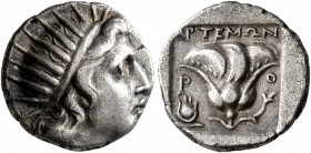 ISLANDS OFF CARIA, Rhodos. Rhodes. Circa 150-125 BC. Drachm (Silver, 14 mm, 2.78 g, 11 h). Radiate head of Helios to right. Rev. APTEMΩN / P - O Rose ...