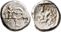 PAMPHYLIA. Aspendos. Circa 465-430 BC. Stater (Silver, 20 mm, 10.88 g, 1 h). Hoplite advancing right, holding spear in his right hand and shield with ...