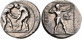 PAMPHYLIA. Aspendos. Circa 380/75-330/25 BC. Stater (Silver, 22 mm, 10.99 g, 1 h). Two nude wrestlers, standing and grappling with each other; between...