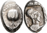 PAMPHYLIA. Side. Circa 460-430 BC. Stater (Silver, 21 mm, 10.92 g, 6 h). Pomegranate. Rev. Head of Athena to right, wearing crested Corinthian helmet;...
