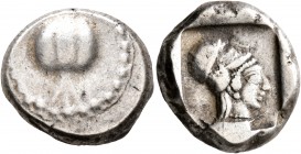 PAMPHYLIA. Side. Circa 460-430 BC. Stater (Silver, 19 mm, 10.87 g, 9 h). Pomegranate. Rev. Head of Athena to right, wearing crested Corinthian helmet;...