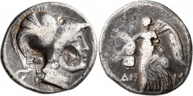 PAMPHYLIA. Side. Circa 205-100 BC. Tetradrachm (Silver, 29 mm, 16.34 g, 11 h), Dem..., magistrate, circa 205-190. Head of Athena to right, wearing cre...