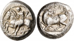 CILICIA. Kelenderis. Circa 430-420 BC. Stater (Silver, 19 mm, 10.63 g, 11 h). Youthful nude rider seated sideways on horse prancing to left, preparing...