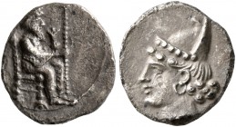 CILICIA. Myriandros. Mazaios, satrap of Cilicia, 361/0-334 BC. Obol (Silver, 10 mm, 0.69 g, 6 h). Persian King (Artaxerxes III?) seated right on thron...
