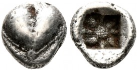 KYRENAICA. Kyrene. Circa 500-480 BC. Hemiobol (Silver, 6 mm, 0.33 g), Attic standard. Silphium fruit. Rev. Four rayed star with a pellet at the center...