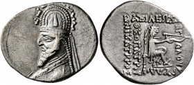 KINGS OF PARTHIA. Sinatrukes, 93/2-70/69 BC. Drachm (Silver, 21 mm, 3.85 g, 12 h), Rhagai. Diademed and draped bust of Sinatrukes to left, wearing tia...