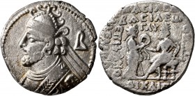 KINGS OF PARTHIA. Vologases III, circa 105-147. Tetradrachm (Silver, 27 mm, 13.08 g, 1 h), Seleukeia on the Tigris, SE 433 = 121/2. Diademed and drape...