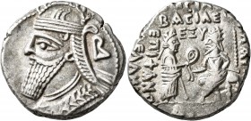 KINGS OF PARTHIA. Vologases IV, circa 147-191. Tetradrachm (Silver, 27 mm, 13.85 g, 1 h), Seleukeia on the Tigris, Dios SE 465 = October 153 AD. Drape...