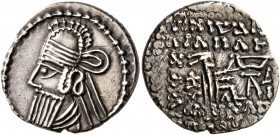 KINGS OF PARTHIA. Vologases IV, circa 147-191. Drachm (Silver, 20 mm, 3.69 g, 12 h), Ekbatana. Diademed bust of Vologases IV to left, wearing tiara. R...