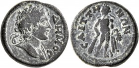 LYDIA. Saitta. Pseudo-autonomous issue. Assarion (Bronze, 18 mm, 6.24 g, 6 h), time of the Antonines, 138-192. ΔHMOC Laureate head Demos to right, wit...