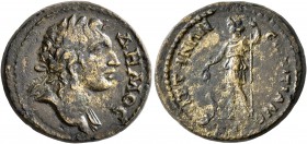 LYDIA. Saitta. Pseudo-autonomous issue. Assarion (Orichalcum, 20 mm, 6.03 g, 7 h), Titianos, first archon, circa 161-175. ΔHMOC Laureate head of Demos...