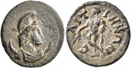 LYDIA. Saitta. Pseudo-autonomous issue. 1/3 Assarion (Bronze, 16 mm, 1.93 g, 6 h), early to mid 3rd century AD. Draped bust of M&#234;n set on crescen...