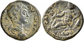 LYDIA. Saitta. Caracalla, 198-217. Assarion (Bronze, 19 mm, 4.59 g, 6 h). [...] K M AYP ANTΩ Laureate and cuirassed bust of Caracalla to right, seen f...