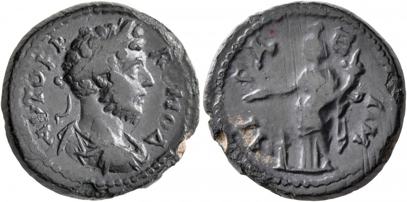 AEOLIS. Aegae. Commodus, 177-192. Assarion (Bronze, 19 mm, 5.78 g, 12 h). AYTOKP...