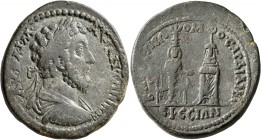 IONIA. Ephesus. Marcus Aurelius, 161-180. Medallion (Bronze, 37 mm, 31.73 g, 6 h), Homonoia with Sardis. AY•K•M• AY•ANTΩNЄINOC Laureate, draped and cu...