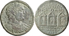 IONIA. Smyrna. Caracalla, 198-217. Medallion (Orichalcum, 46 mm, 45.46 g, 7 h), Aur. Charidemos, strategos. AY•K•M•AYP ANTΩNЄINOC Laureate, draped and...
