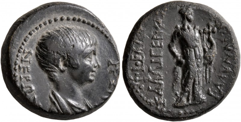 LYDIA. Blaundus. Nero, 54-68. Hemiassarion (Bronze, 18 mm, 5.76 g, 1 h), Tiberio...