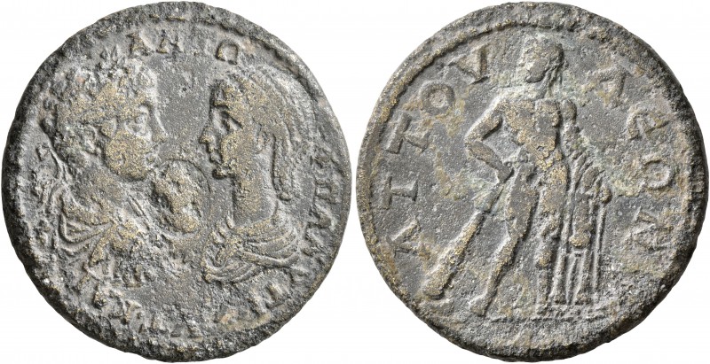 CARIA. Attuda. Caracalla, with Plautilla, 198-217. Tetrassarion (Orichalcum, 28 ...