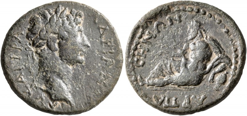 CARIA. Harpasa. Hadrian, 117-138. Assarion (Bronze, 23 mm, 5.79 g, 1 h). ΑΥ ΚΑΙ ...